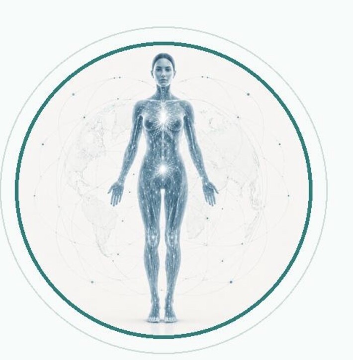 A biological human figure connected to the planet through a network of scientific nodes